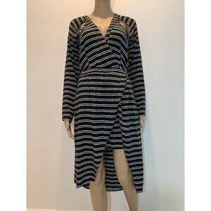 May Women Dress 10 Stripes Long Sleeves High Low Black White.